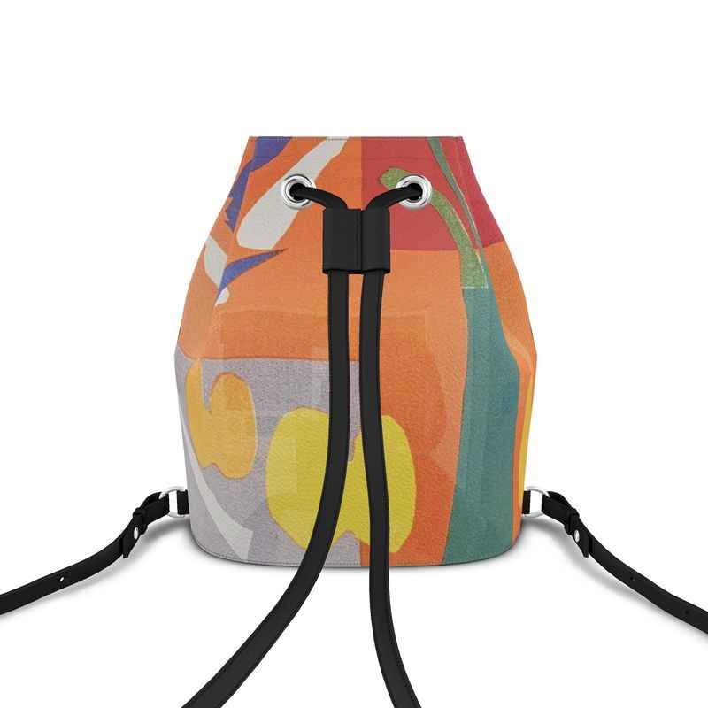 Orange abstract Nappa leather bucket drawstring backpack with faux suede lining and adjustable leather strap — product detail