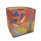 Square orange abstract pouffe in plush velour fabric, low ottoman style — alternate view