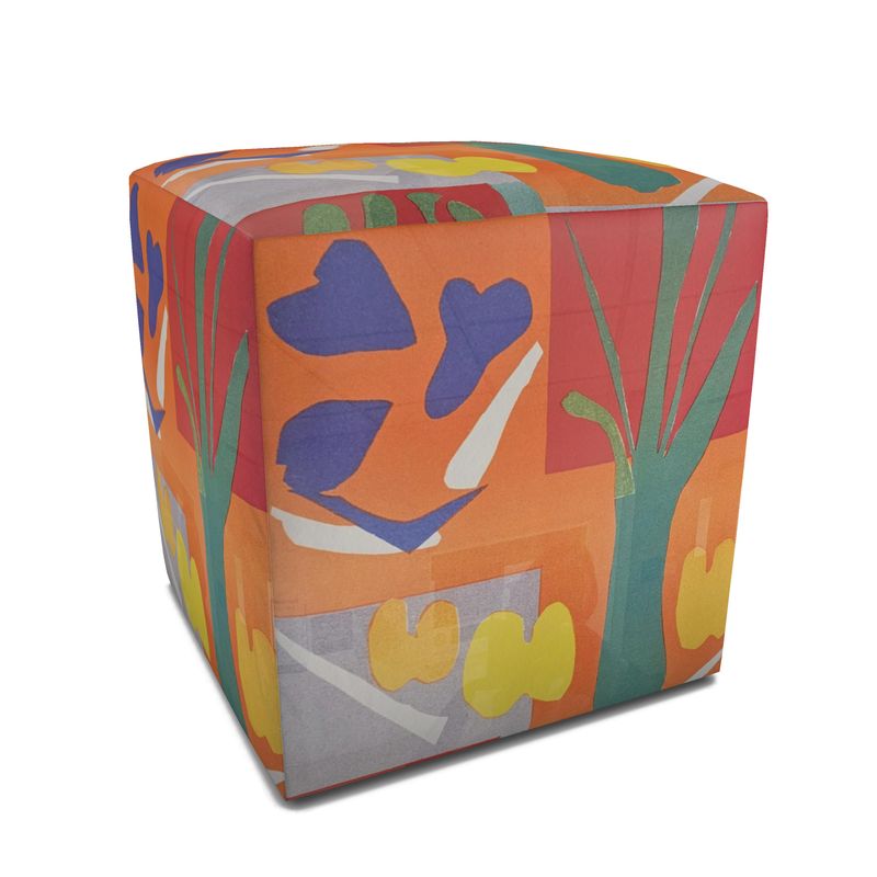 Square orange abstract pouffe in plush velour fabric, low ottoman style — alternate view
