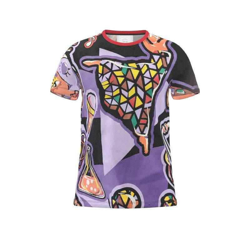 Purple abstract all-over print unisex jersey T-shirt with rounded neckline and stretch fabric