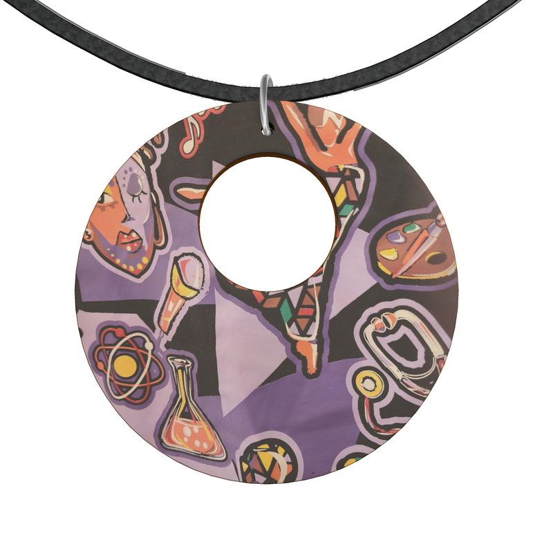 Handmade purple abstract wooden pendant with organic shapes on black faux suede cord