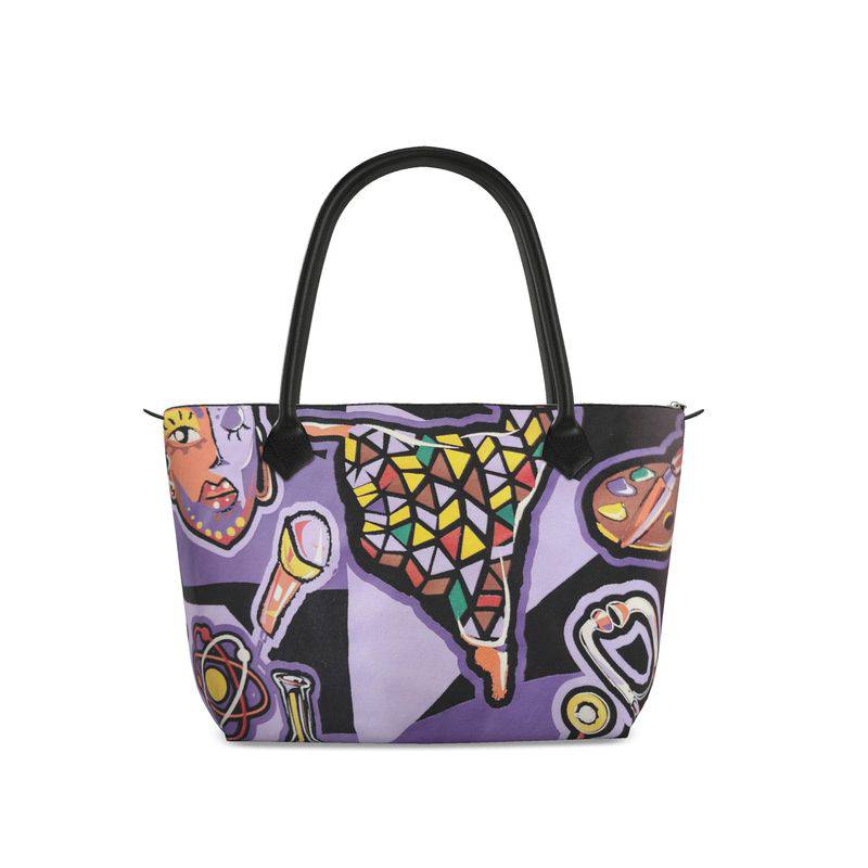 R&RH Purple Abstract Zip Top Handbag with long leather handles and zip fastening