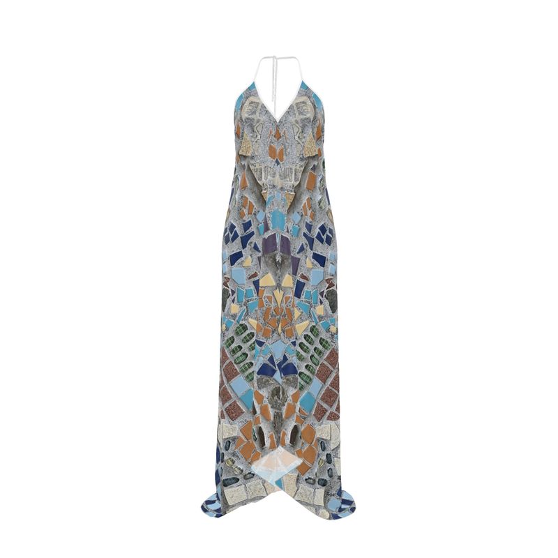 R&RH Marble Earthtone Halterneck Backless Dress in warm natural hues