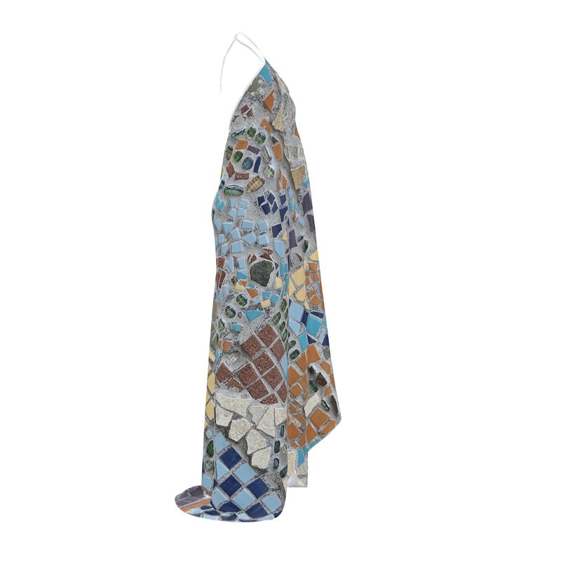R&RH Marble Earthtone Halterneck Backless Dress in warm natural hues