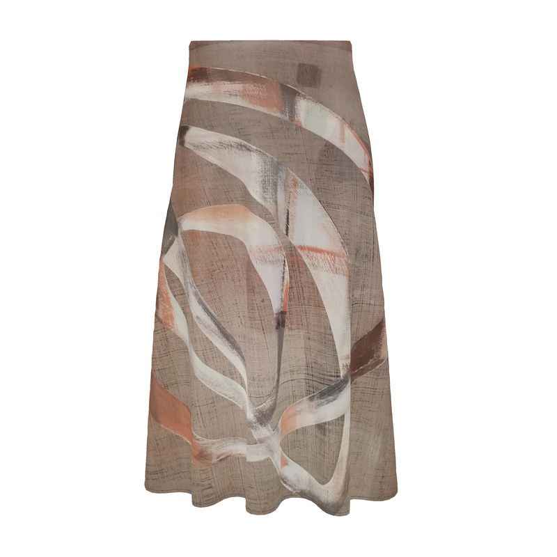 Beige abstract A-line midi skirt with soft drapey fabric and elasticated high waist