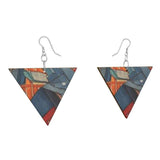 Geometric wooden earrings with denim-look print and sterling silver hooks — alternate view