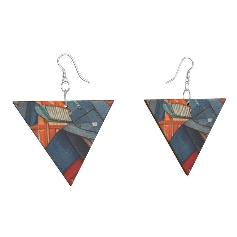 Rich and Rich Denim Look Wooden Earrings with Geometric Shape and Sterling Silver Hooks
