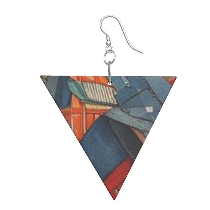 Rich and Rich Denim Look Wooden Earrings with Geometric Shape and Sterling Silver Hooks