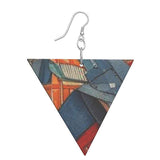 Geometric wooden earrings with denim-look print and sterling silver hooks — side view