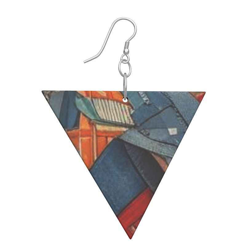 Geometric wooden earrings with denim-look print and sterling silver hooks — side view