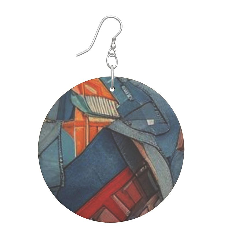 Rich and Rich Denim Look Wooden Earrings: Organic Shape