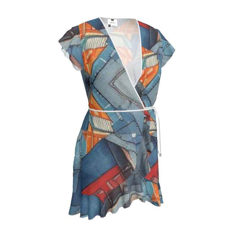 Blue patchwork-pattern tea dress with flounce hem and waist tie — alternate view