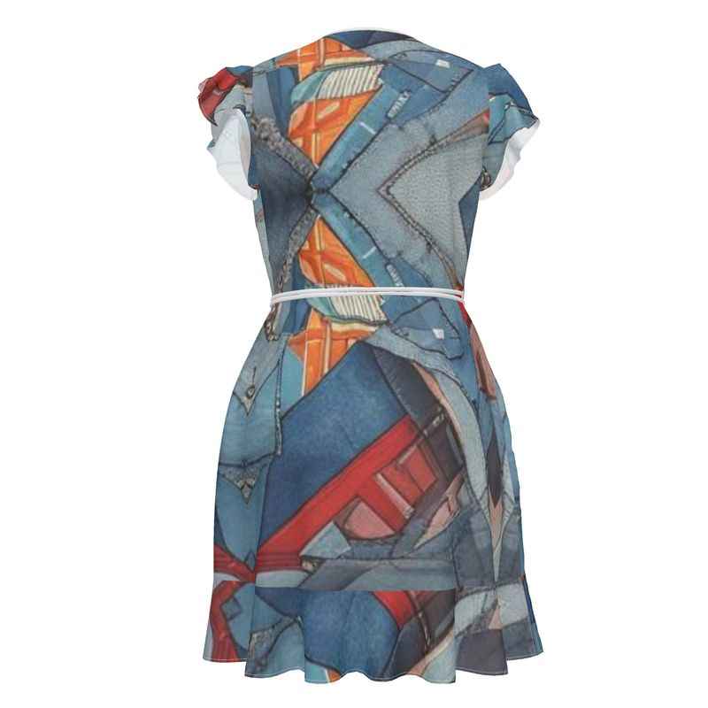 Blue patchwork-pattern tea dress with flounce hem and waist tie — additional view 7