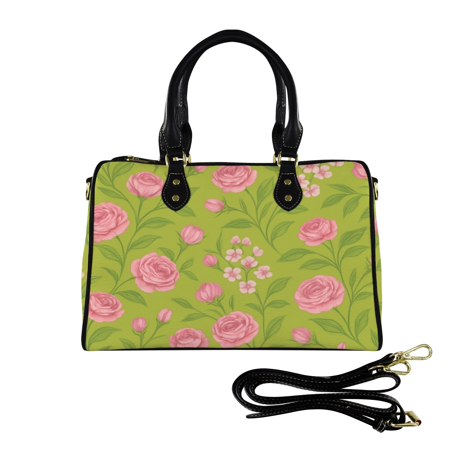 Pink floral PU leather Boston handbag with rose gold watch and wooden love-shape pendant earrings — rear view