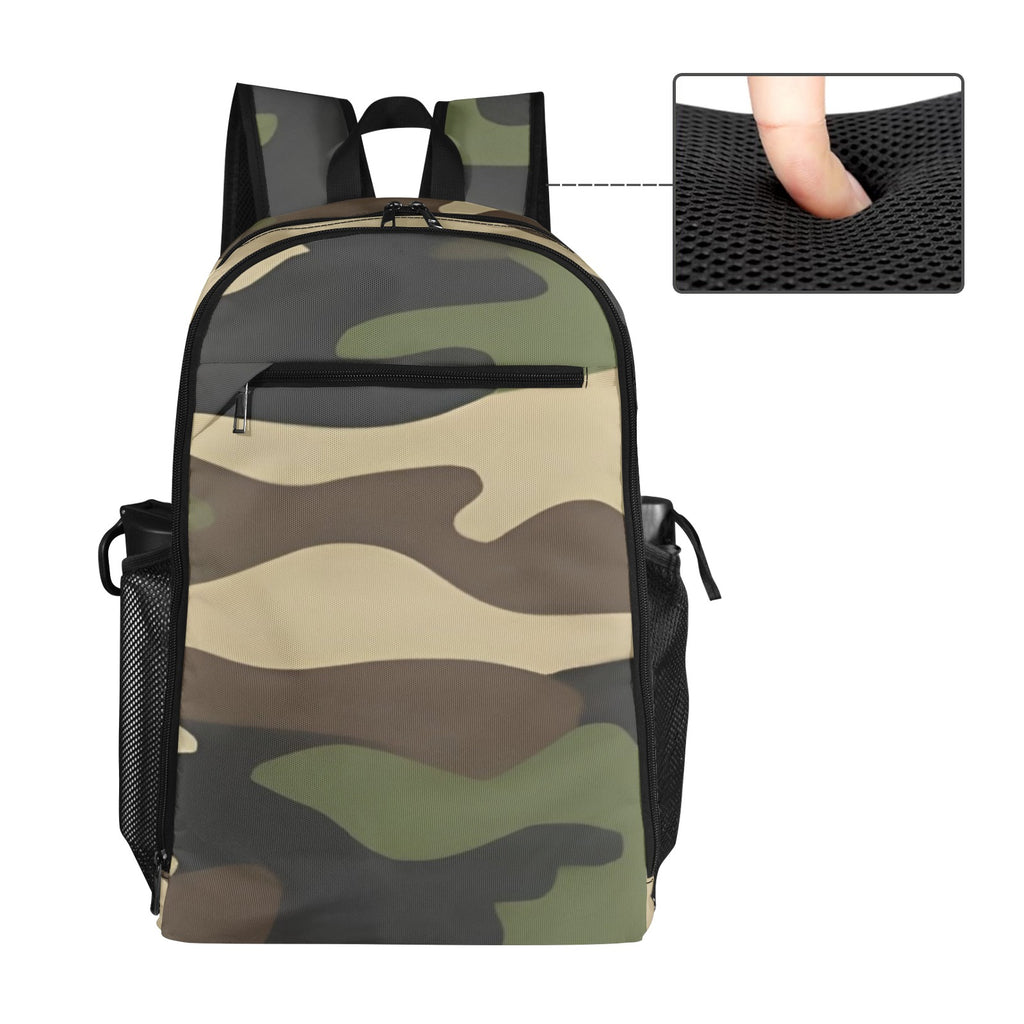 R&RH camo green unisex travel backpack with all over print, shown front view