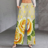 Yellow rose and polka dot wide-leg pants with drawstring waist and side pockets — product detail