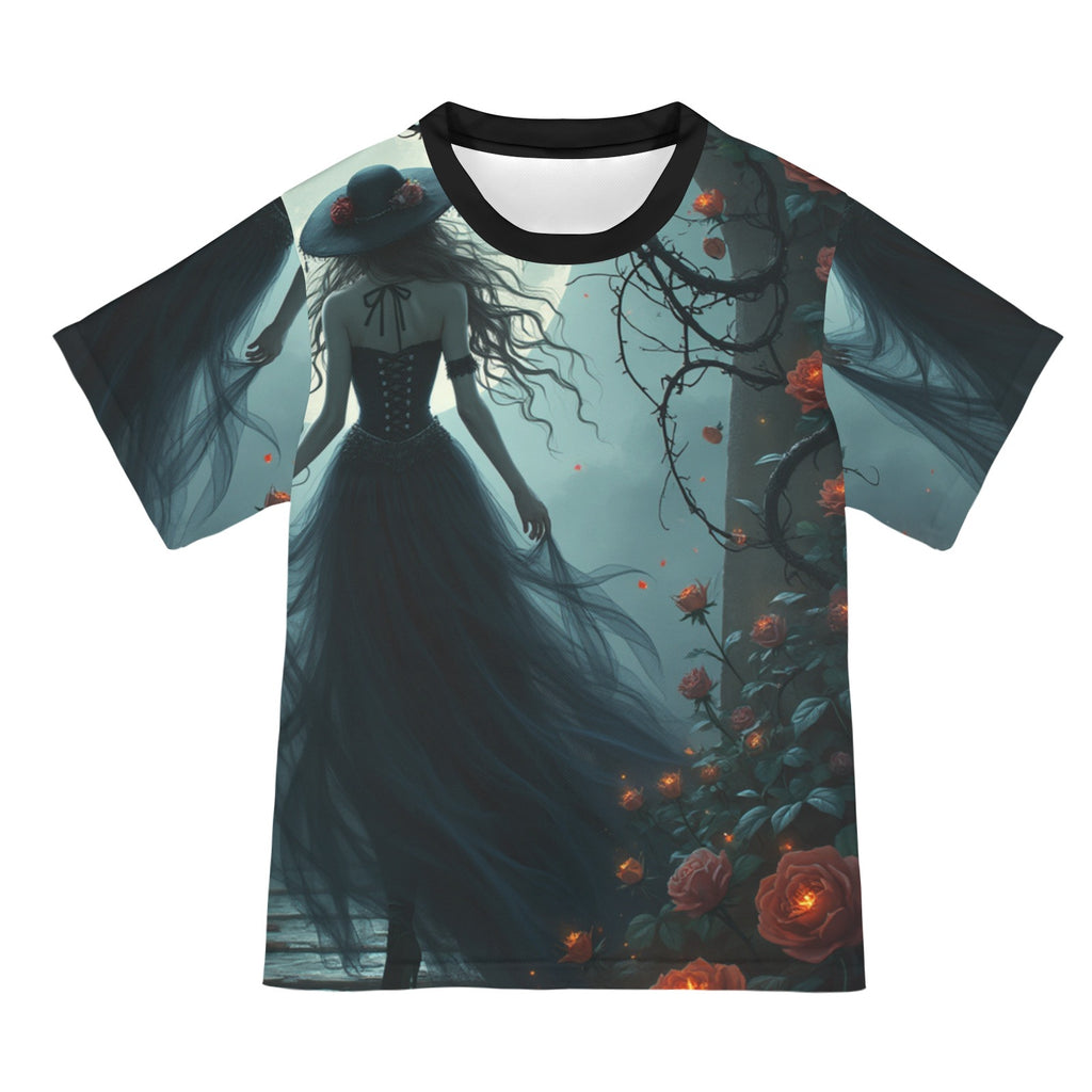 Rich and Rich Halloween Women's Graphic All-Over Print T-Shirt in black with festive Halloween design