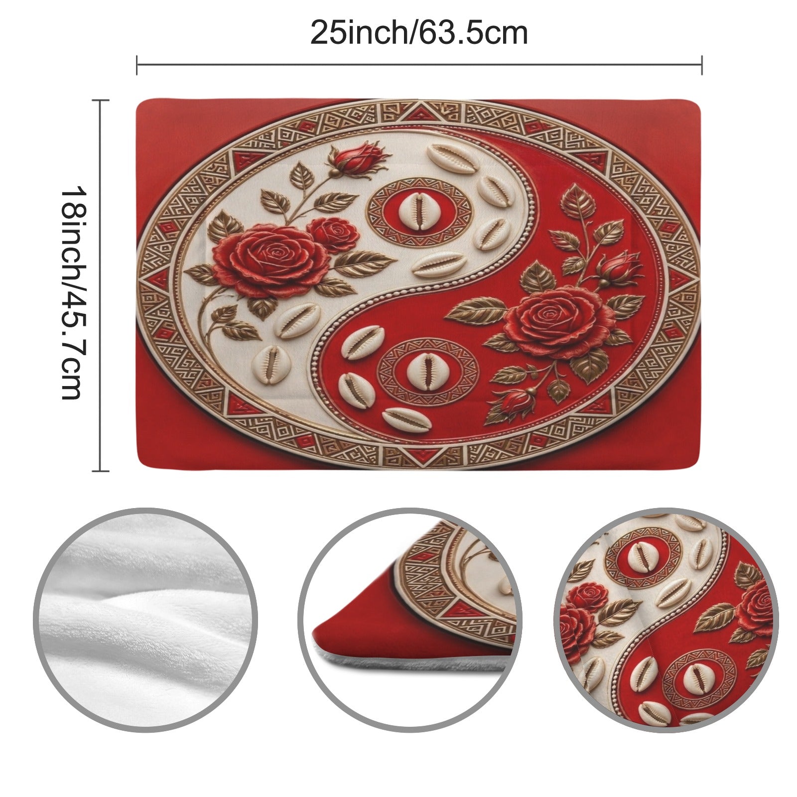 Plush Yin-Yang pet mat with tribal accents and floral details in black and ivory, 25 by 18 inches — additional view 6
