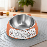 Orange pet bowl with playtime doodles design and removable stainless steel insert — side view