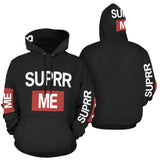 Women's black hoodie with SUPRR ME graphic, kangaroo pocket and ribbed cuffs — rear view