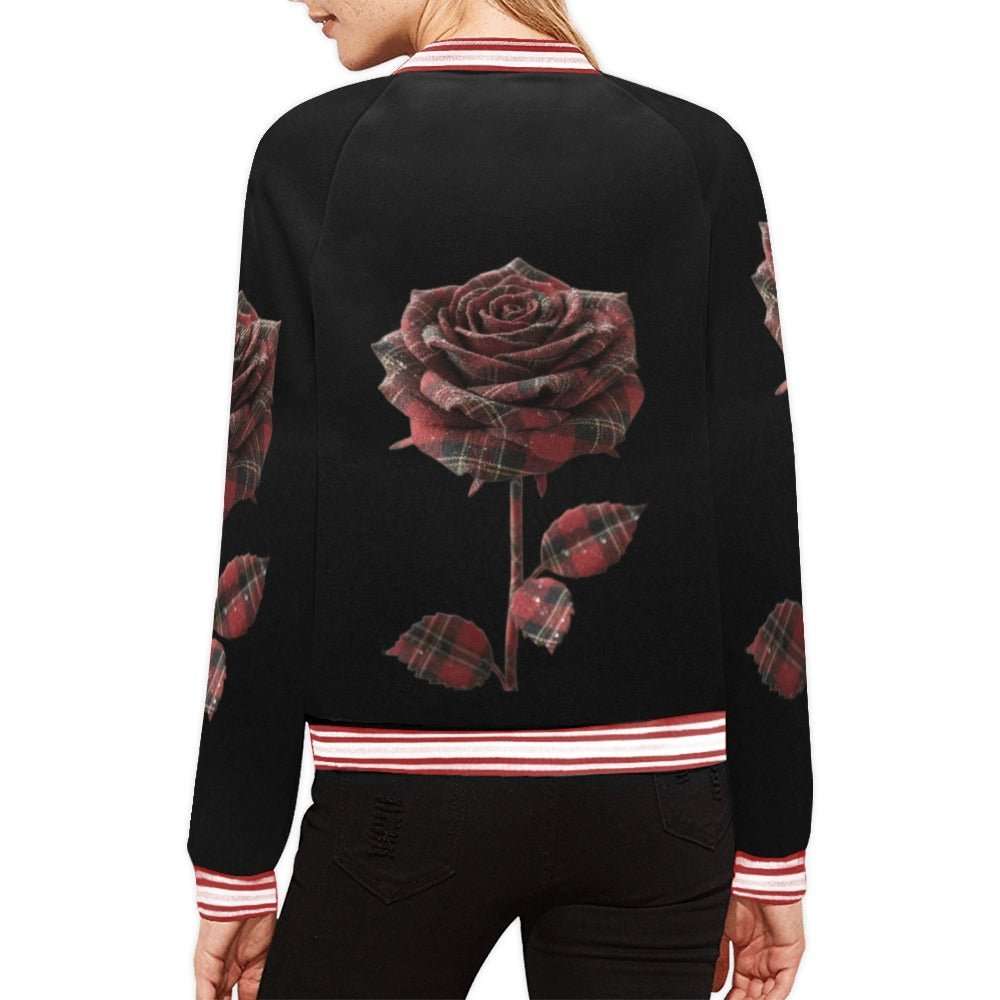 Red plaid rose women's bomber jacket with ribbed collar and zipper front — rear view