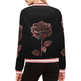 Red plaid rose women's bomber jacket with ribbed collar and zipper front — rear view