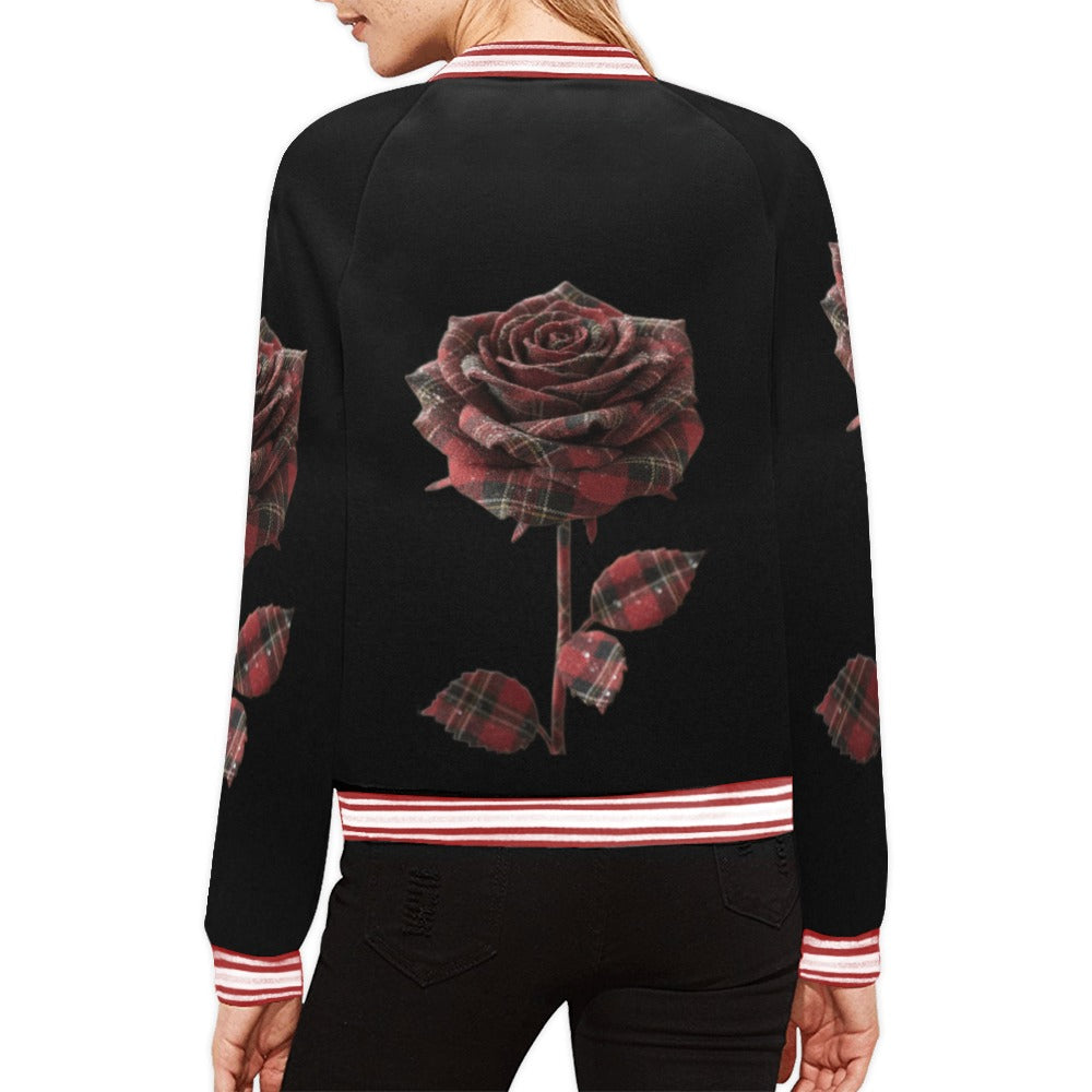 Rich and Rich Red Plaid Rose Women's Bomber Jacket