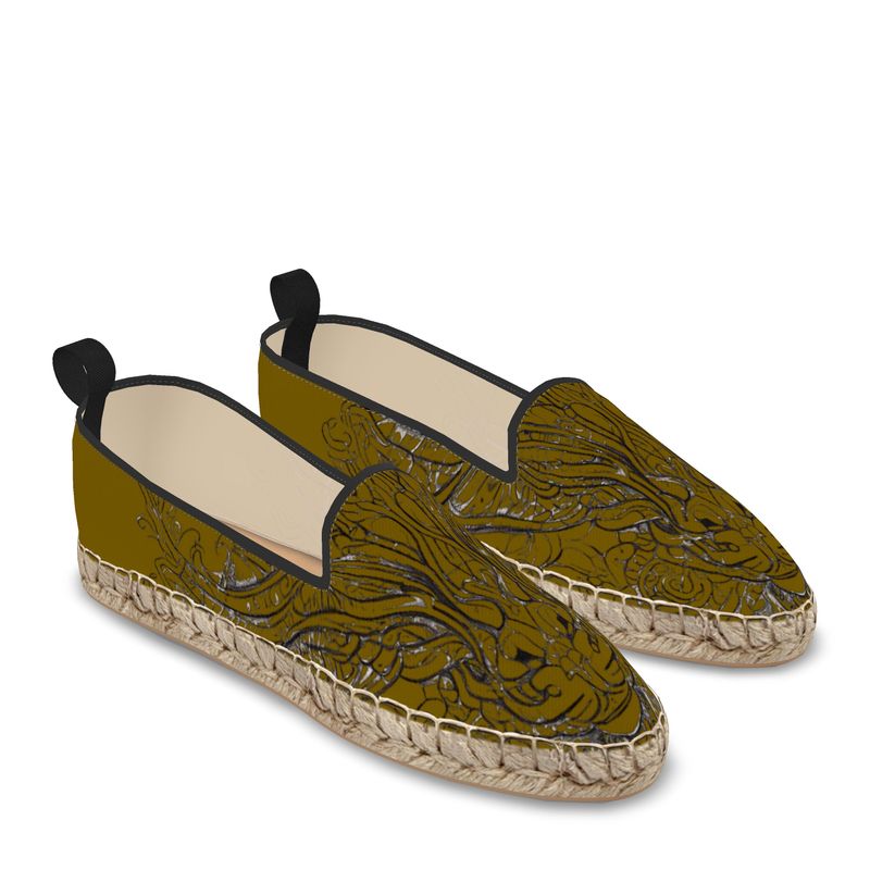 Handmade loafer espadrilles with natural jute sole and canvas upper featuring designer print