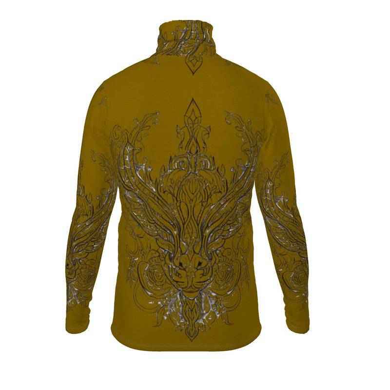 Brown men's slim-fit roll turtleneck sweater in poly-elastane jersey with long sleeves — side view
