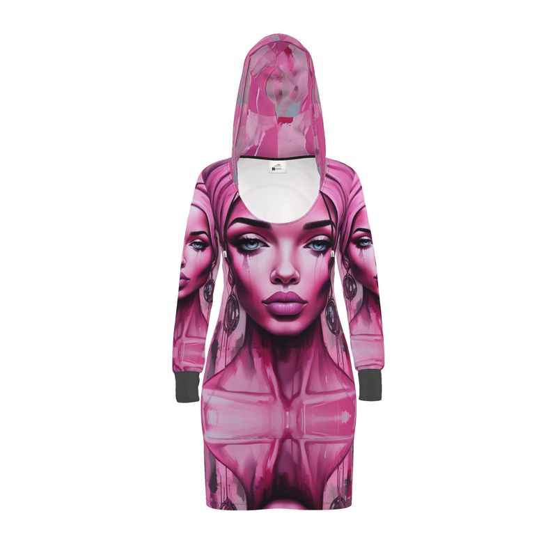 Long pink hoodie dress with 'Her Eyes' print, kangaroo pocket and functional hood drawstring — alternate view