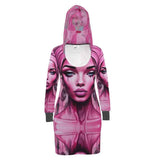 Long pink hoodie dress with 'Her Eyes' print, kangaroo pocket and functional hood drawstring — product detail