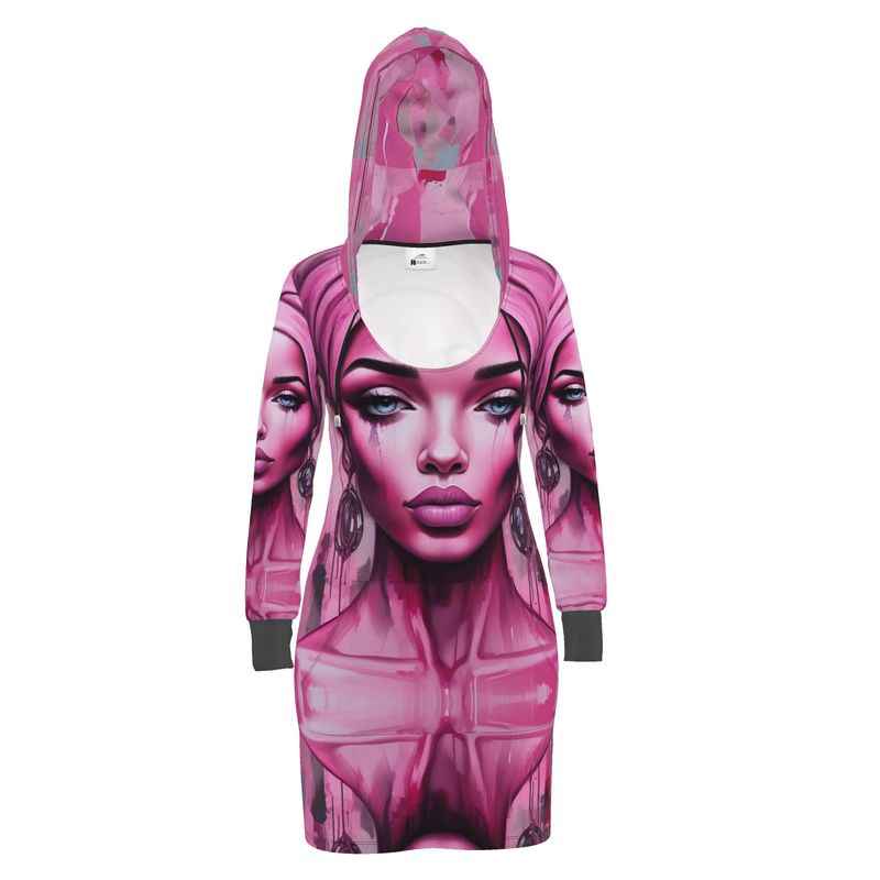 Long pink hoodie dress with 'Her Eyes' print, kangaroo pocket and functional hood drawstring — product detail