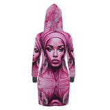 Long pink hoodie dress with 'Her Eyes' print, kangaroo pocket and functional hood drawstring — side view