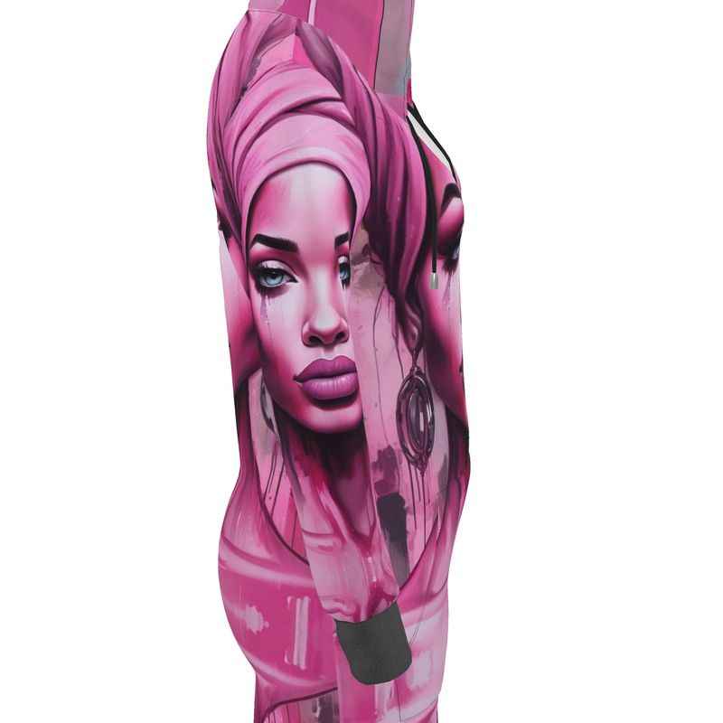 Long pink hoodie dress with 'Her Eyes' print, kangaroo pocket and functional hood drawstring — additional view 6
