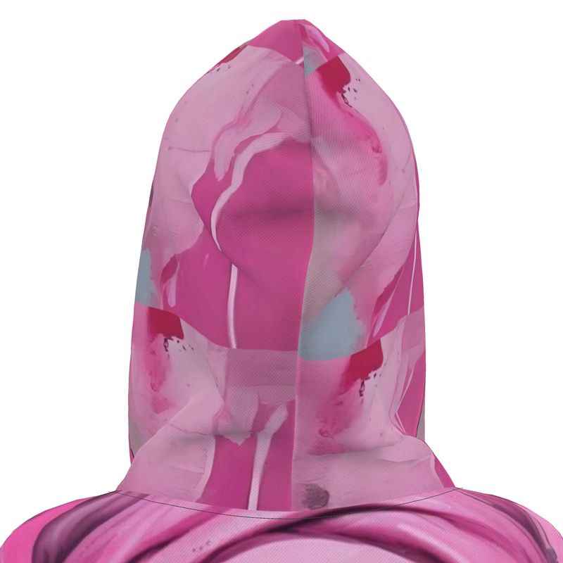 Long pink hoodie dress with 'Her Eyes' print, kangaroo pocket and functional hood drawstring — additional view 7