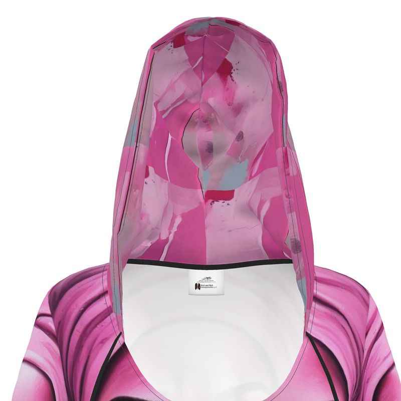Long pink hoodie dress with 'Her Eyes' print, kangaroo pocket and functional hood drawstring — additional view 8