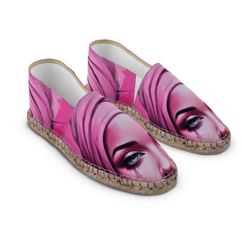 Pink unisex espadrilles with 'Her Eyes' print, jute insole and non-slip rubber sole