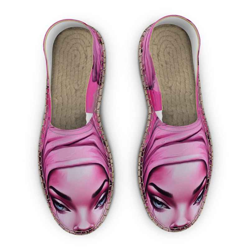 Pink unisex espadrilles with 'Her Eyes' print, jute insole and non-slip rubber sole — alternate view