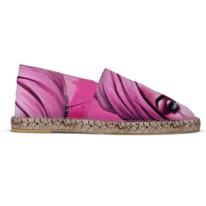 Pink unisex espadrilles with 'Her Eyes' print, jute insole and non-slip rubber sole — side view