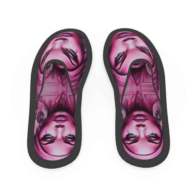 Pink slippers with neoprene upper and padded leatherette soles featuring the 'Her Eyes' design — side view