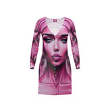 Long pink V-neck cardigan with 'Her Eyes' print, button-through front and jersey knit fabric