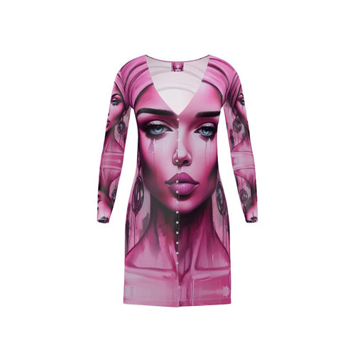 R&RH 'Her Eyes' Pink Long Ladies Cardigan with V-neck and button-through design