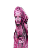 Long pink V-neck cardigan with 'Her Eyes' print, button-through front and jersey knit fabric — product detail