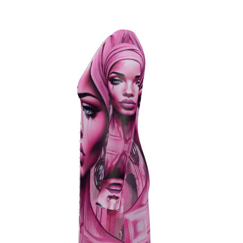 Long pink V-neck cardigan with 'Her Eyes' print, button-through front and jersey knit fabric — side view