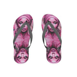 Pink flip flops with 'Her Eyes' design, foam base and poly-satin straps anchored at three points
