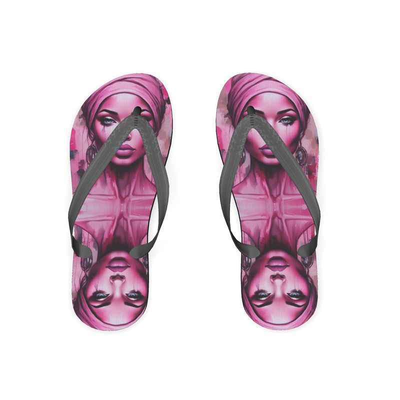 Pink flip flops with 'Her Eyes' design, foam base and poly-satin straps anchored at three points