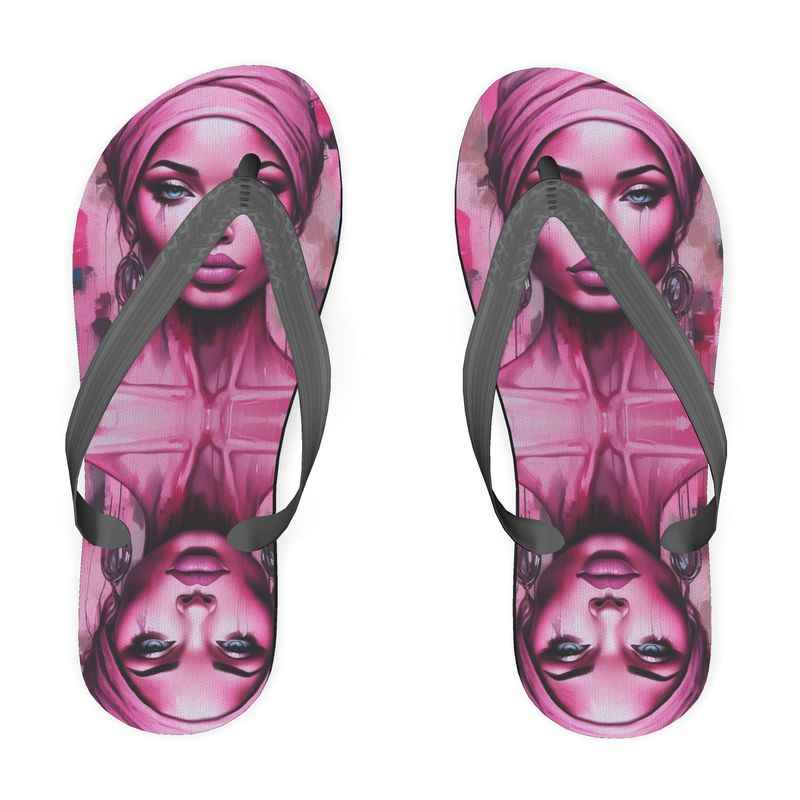 Pink flip flops with 'Her Eyes' design, foam base and poly-satin straps anchored at three points — alternate view