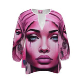 Pink women's blouse with 'Her Eyes' print, rounded slot neckline and 3/4 elasticated sleeves