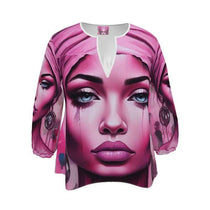 Pink women's blouse with 'Her Eyes' print, rounded slot neckline and 3/4 elasticated sleeves