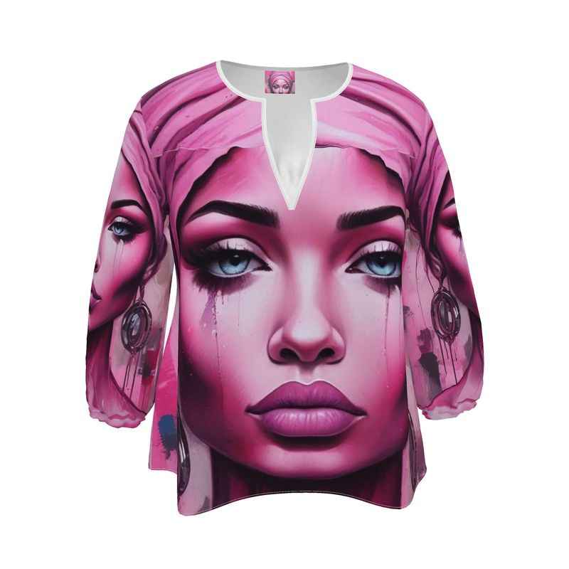 Pink women's blouse with 'Her Eyes' print, rounded slot neckline and 3/4 elasticated sleeves — alternate view